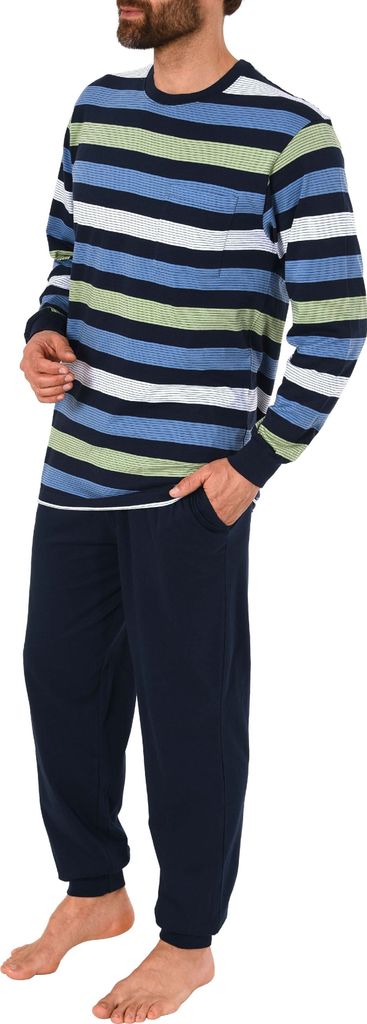 Lässiger Herren Pyjama Schlafanzug mit Bündchen in Streifenoptik - 191 101 90 516 ; marine , 56