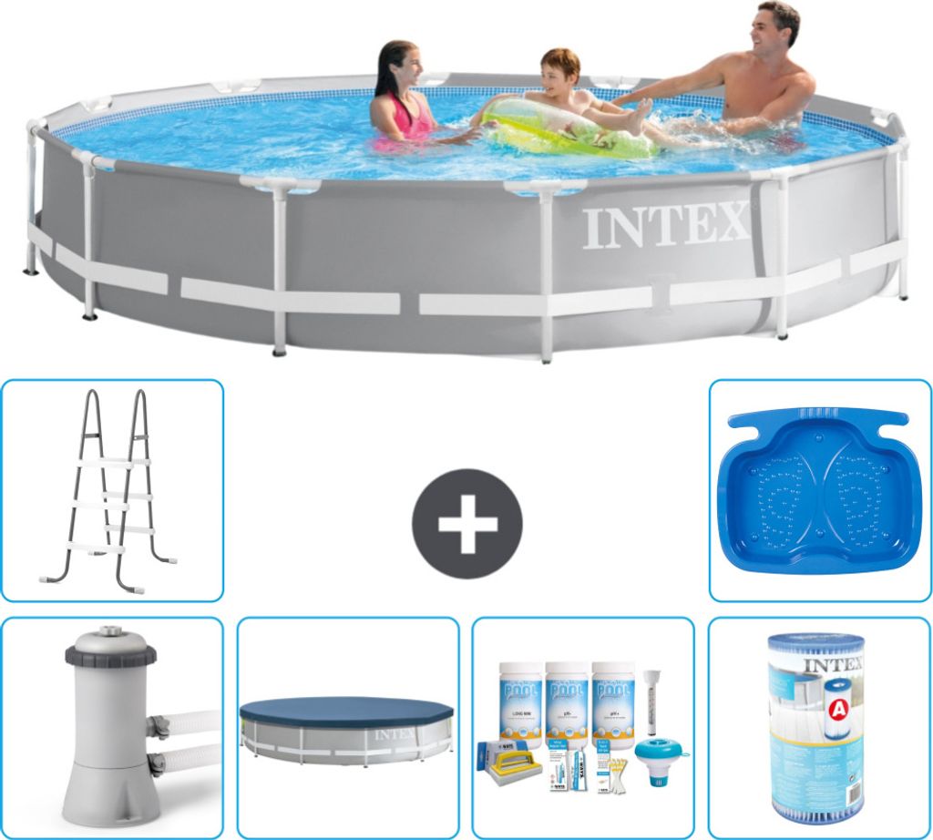 Intex Round Prism Frame Swimming Pool – 366 x 76 cm – Grau – inklusive Pumpe Abdeckung - Wartungspaket - Filter - Leiter - Fußbad