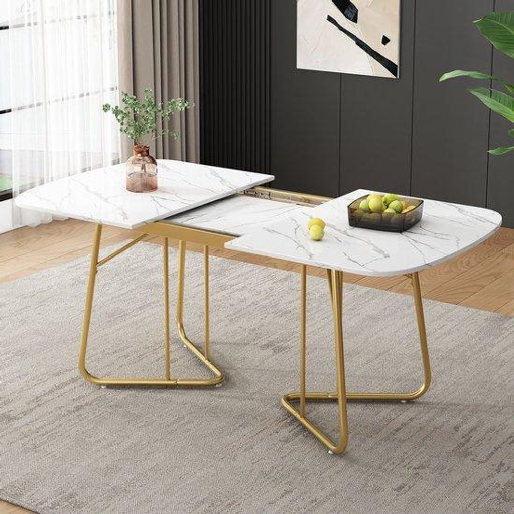 Expansionsbar Eßtisch, Weiss, MDF Tischplatte, vergoldete Produktbild 