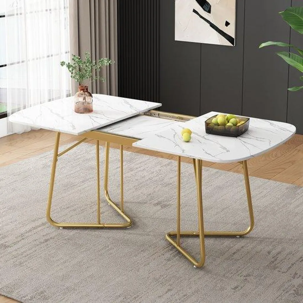 Table blanche design avec pieds métal doré et plateau MDF 140/180 x 80