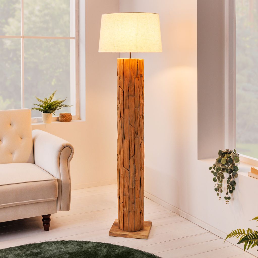 natürliche stehlampe roots 160cm treibholz beige leinenschirm handmade  baumstamm