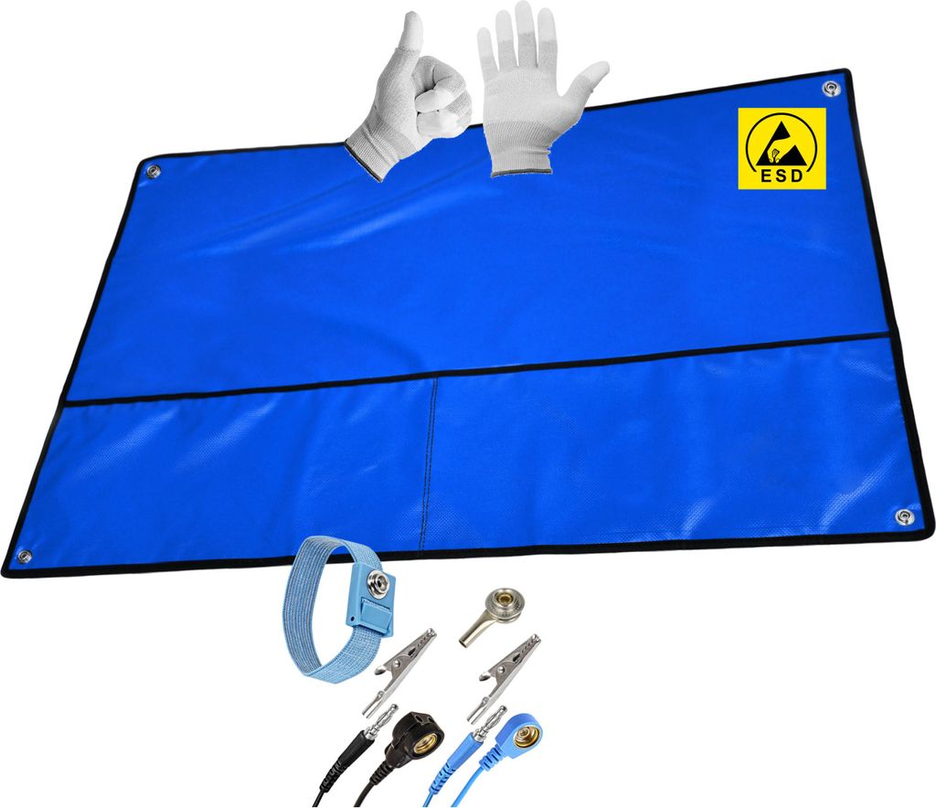 Minadax 120×60 cm ESD SET Antistatische Arbeitsmatte Tischmatte Unterlage | Tragbar & Faltbar + Manschette + Erdungskabel + ESD Handschuhe - Schut...