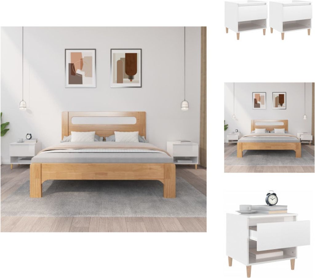 A collage of images showing a wooden bed frame with white nightstands, and close-ups of the nightstands.
