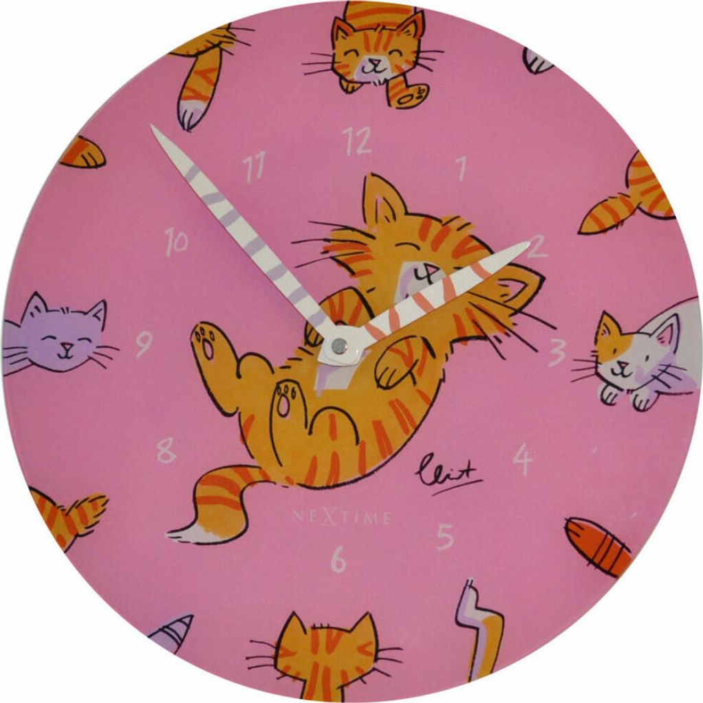 A round clock with a pink background and cartoon cats. The clock has hour markers and hands.
