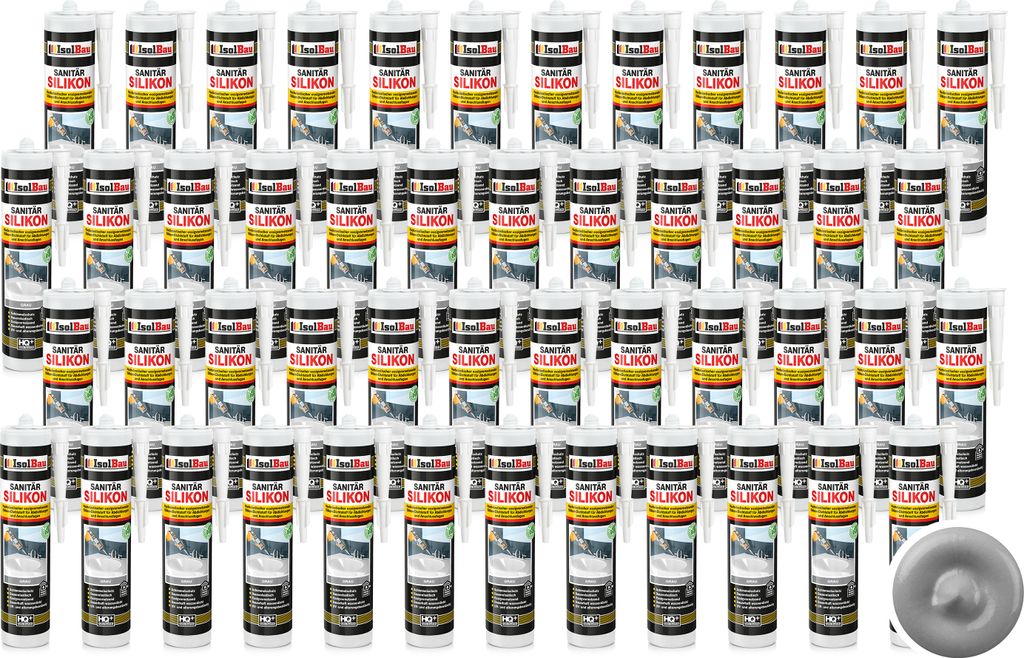 Isolbau Sanitär Silikon 48 x 300 ml Grau - Hochelastischer Silikon-Dichtstoff für Abdichtungen & Fugen – Schimmelresistent, wasserdicht - Kartu...