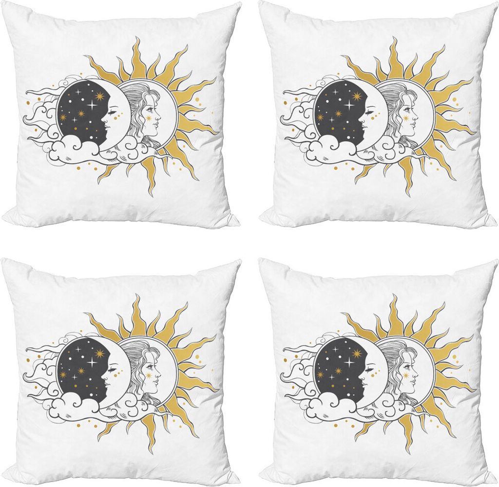 ABAKUHAUS Mond-Strahlen Kissenbezug Set (4 Stück), Frau Portrait in Sun, Moderner Doppelseitiger Digitaldruck, 60 cm x 60 cm, Mustard Grau