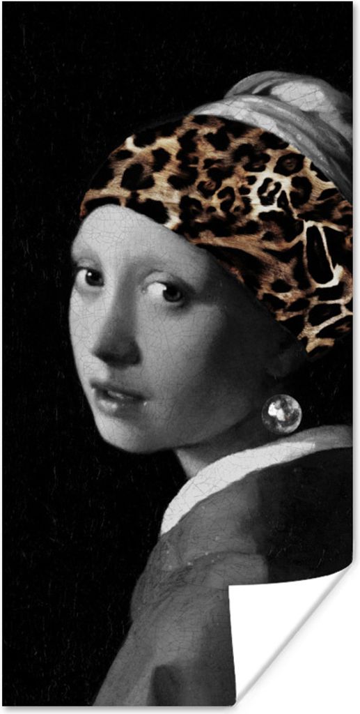 MuchoWow Poster Mädchen mit dem Aufdruck - Pantheraufdruck - Schwarz - Weiß 60x120 cm - Wandschmuck