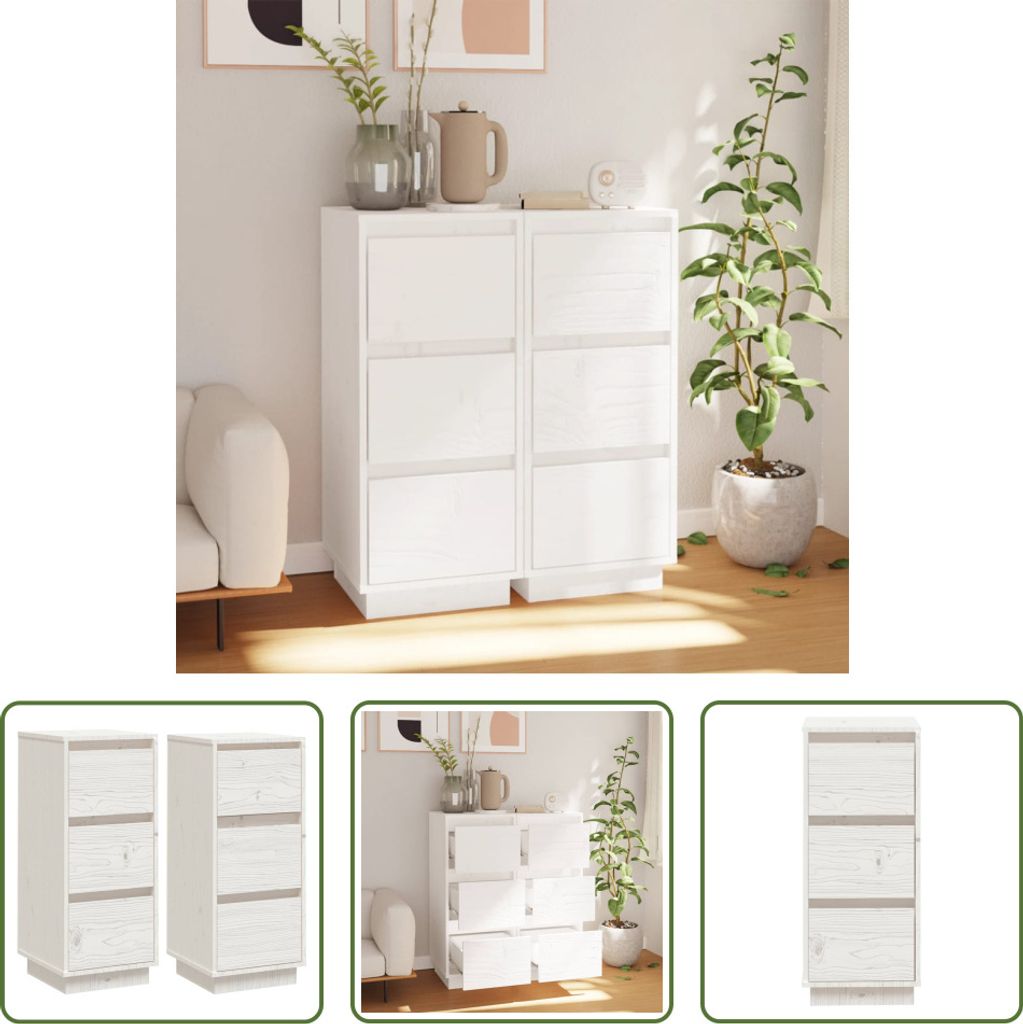 The Living Store Sideboards 2 Stk. Weiß 32x34x75 cm Massivholz Kiefer