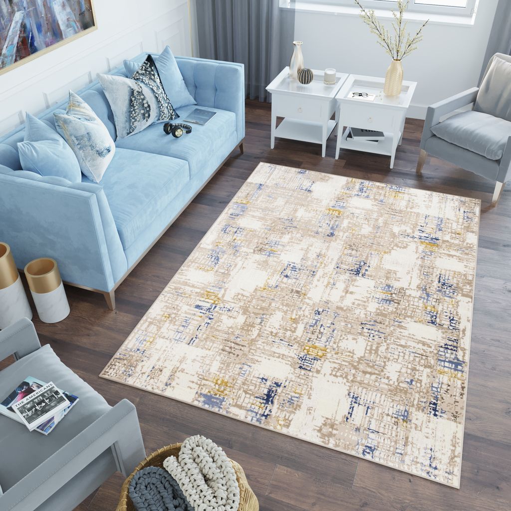 Teppich Wohnzimmer Schlafzimmer Kurzflor Modern Design Beige Blau Gelb Abstrakt Meliert 120 x 170 cm