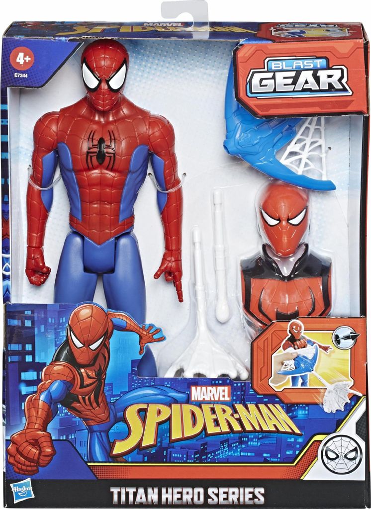 The image shows the packaging of a Spider-Man Titan Hero Blast Gear action figure set.