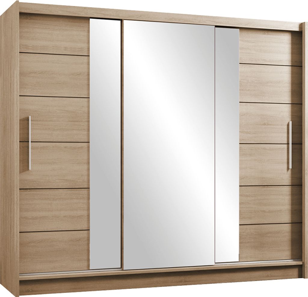 Schwebetürenschrank Tirana II 250, 3 Türen Kleiderschrank mit 3 Spiegel, Moderne Garderobe, Schrank in Größe: 250 x 215 x 61 cm