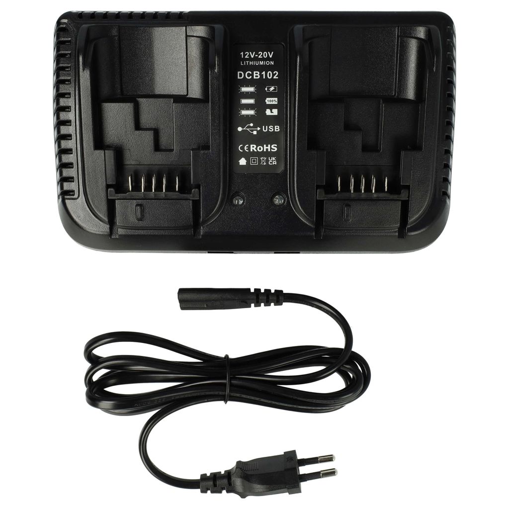 vhbw Dual-Ladegerät kompatibel mit Dewalt DCS391, DCS381, DCS380M1, DCS380L1, DCS380B, DCS393, DCS391M1, DCS391L1, DCS391B Werkzeug Li-Ion-Akkus, ...