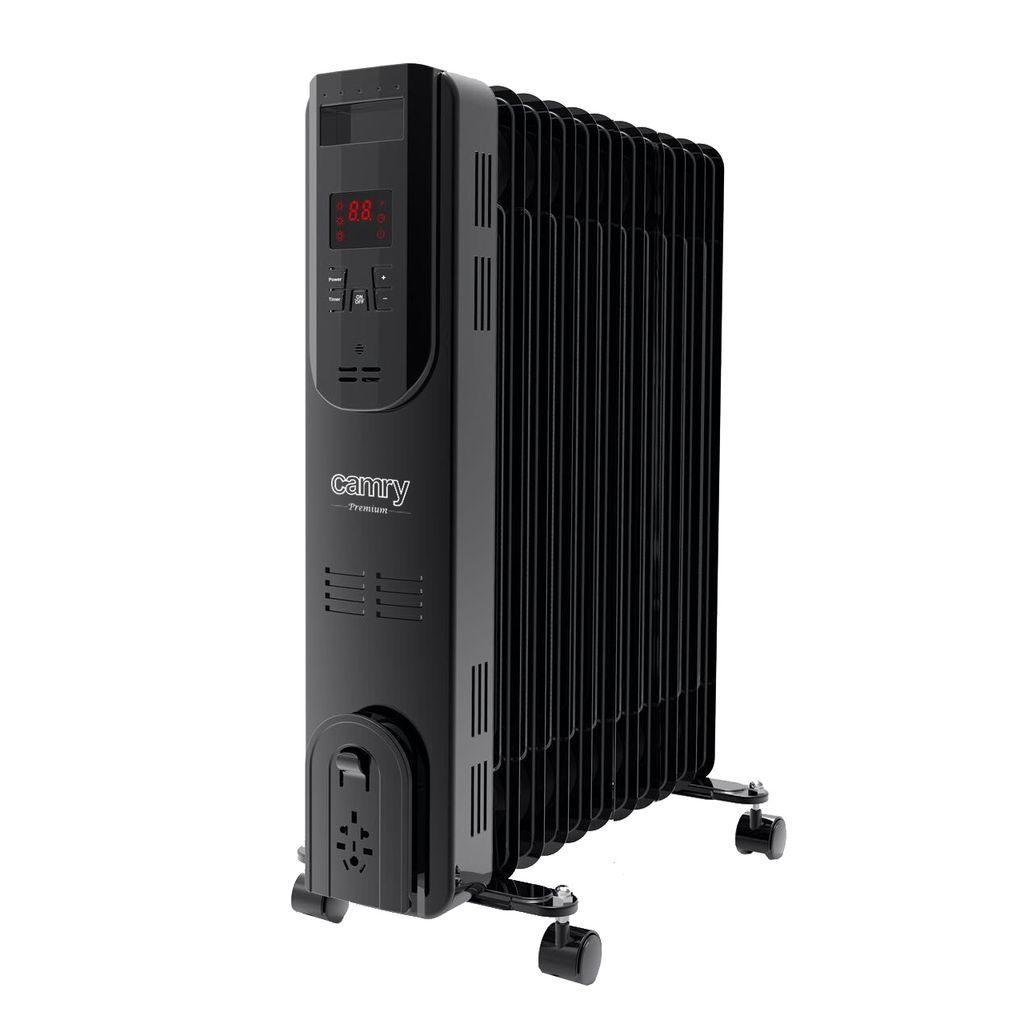 A black oil-filled radiator with a digital display and wheels, shown against a white background.