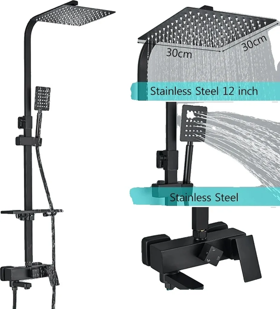 Rubinetteria Doccia Ottone Nero 3 Vie | Kit Completo Soffione 12"