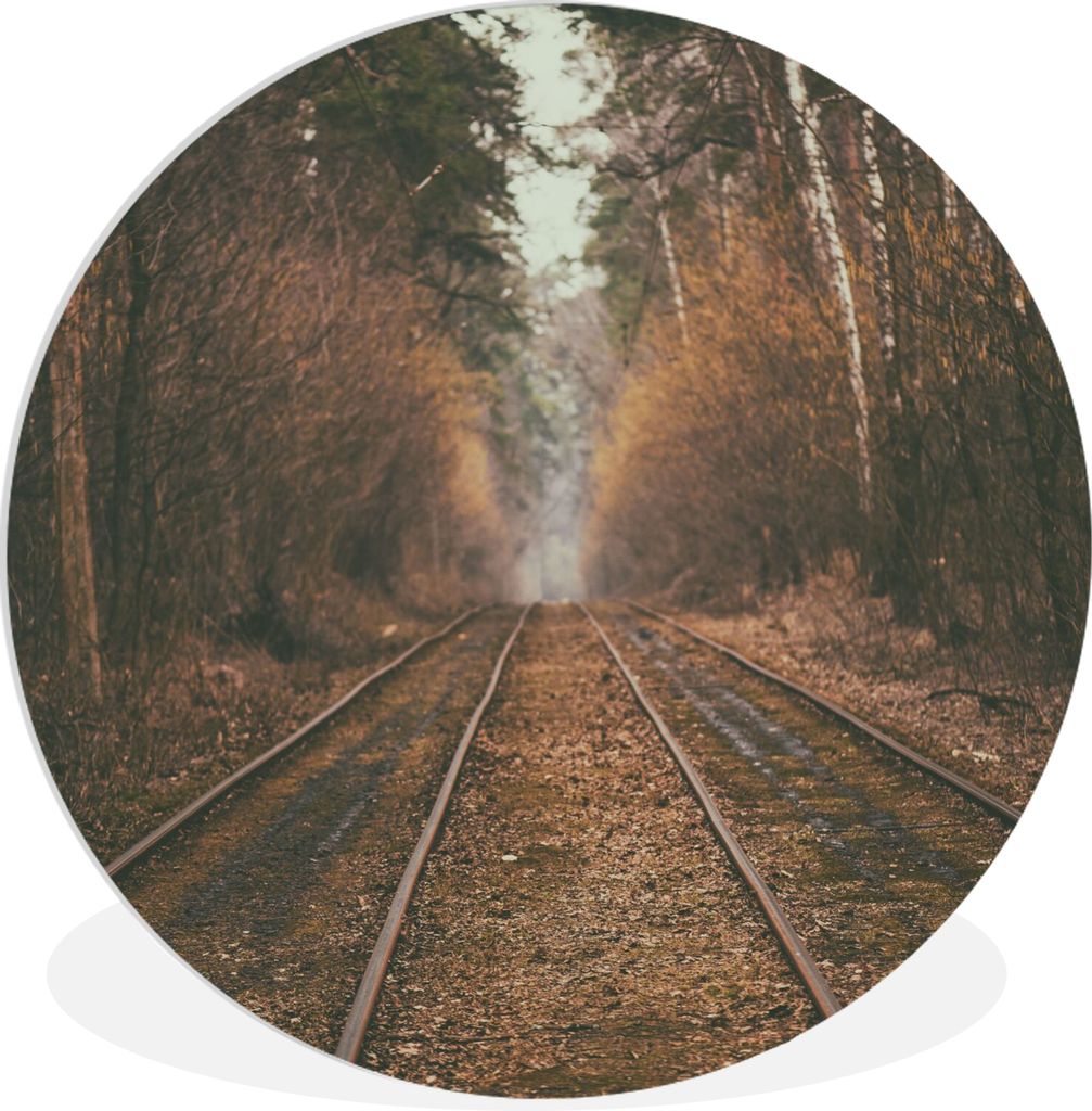 MuchoWow Rundes Wandbild - Runde Bilder Bahnstrecke - Weg - Wald - Baum Ø 60 cm Kreis Wanddekoration Kunststoff - Wandkreis - Wandschmuck - Wand...
