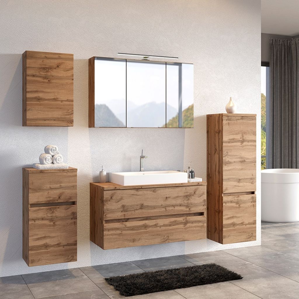 Badmöbel Set PESARO-03 mit LED Spiegelschrank und Waschbecken in Wotan Eiche Nb., B/H/T: ca. 220/200/48 cm