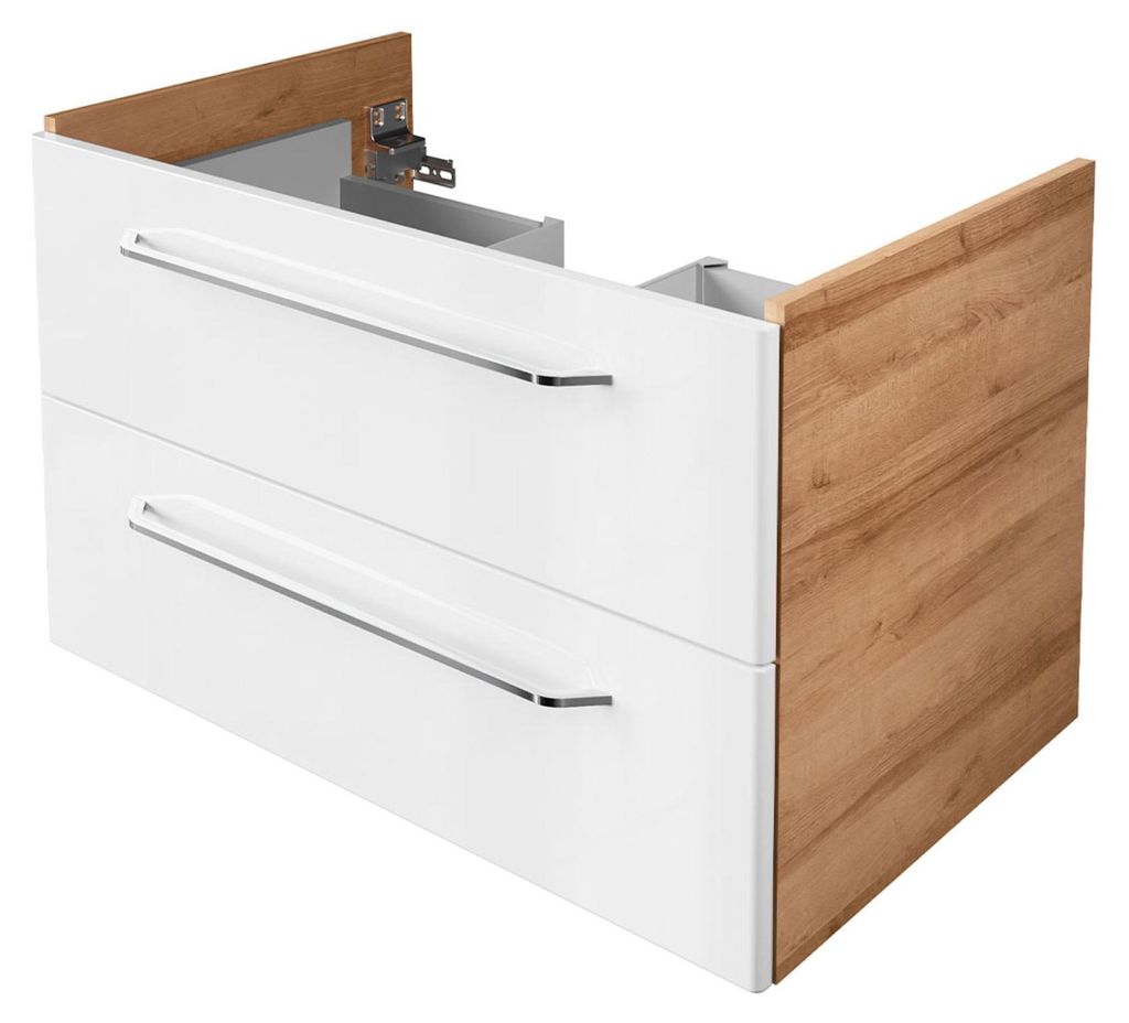 BADEDU NES Waschtischunterschrank 80 cm Braun Weiß hängender Badschrank mit Softclose und Ast Eiche Holzoptik