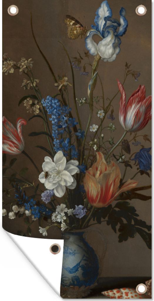 MuchoWow 80x160 cm Outdoor-Poster Gartendeko Sichtschutz Garten Poster für den Garten Blumen in einer Wan-Li-Vase und Muscheln - Gemälde von Ba...