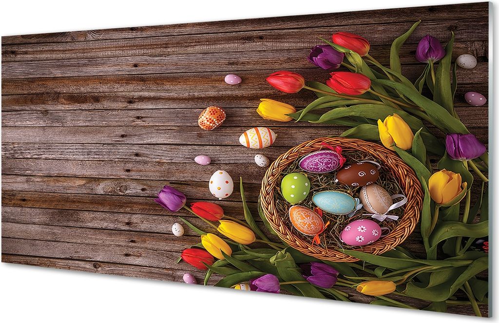 Glasbilder 120x60 Wandkunst Eier Tulpen Bretter