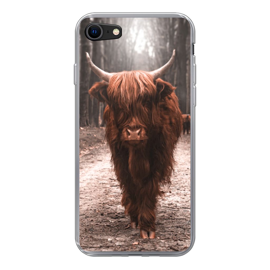 MuchoWow Handyhülle Schutzhülle Hülle für iPhone 8 Schottischer Hochländer - Wald - Kuh - Tiere - Natur Silikon Softcase Handy Hülle - Schu...