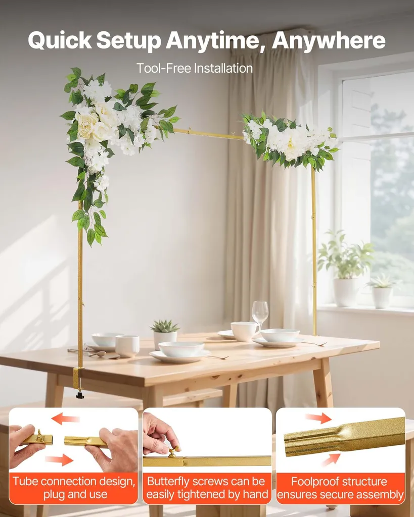 Arche de table dorée réglable 249cm pour décoration ballon et fleurs