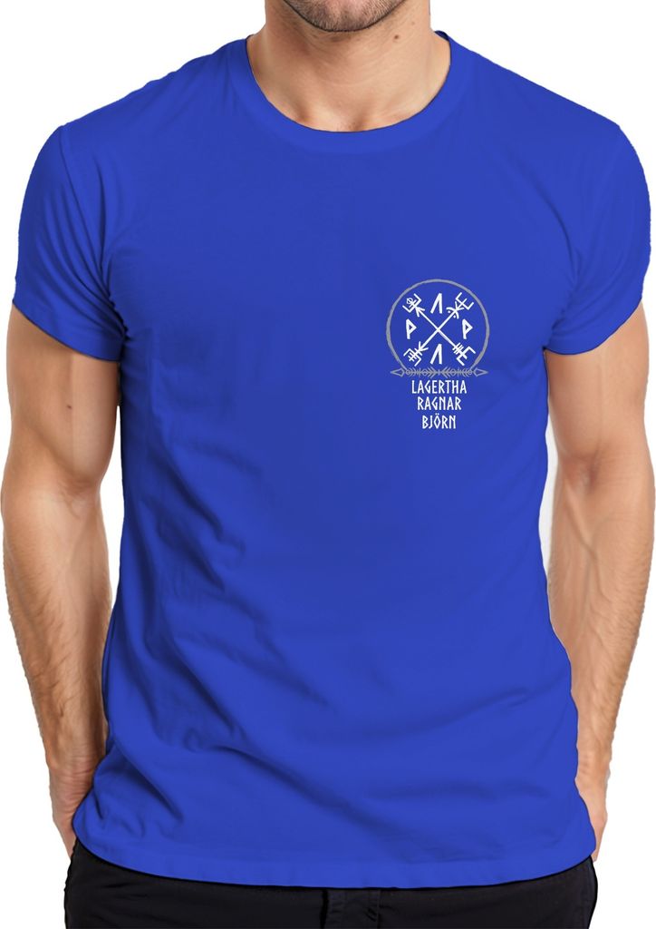 Papa Wikinger Personalisierbar mit Wunschnamen der Kinder Vegvisir Nordische Runen Odin Valhalla Viking Herren T-Shirt, Blau, XXL