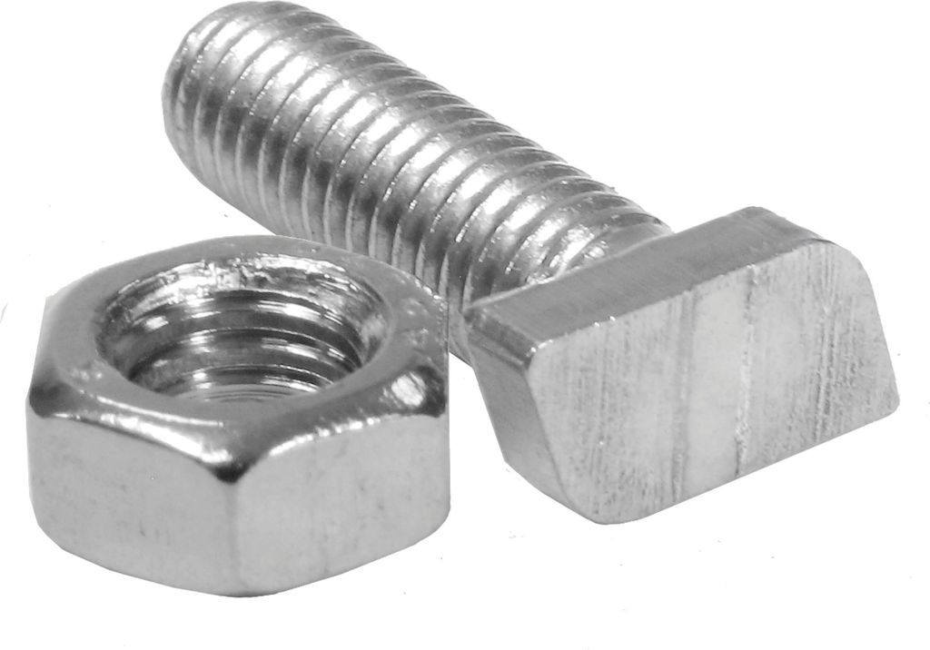 A close-up studio shot of a silver metal bolt and nut against a white background.