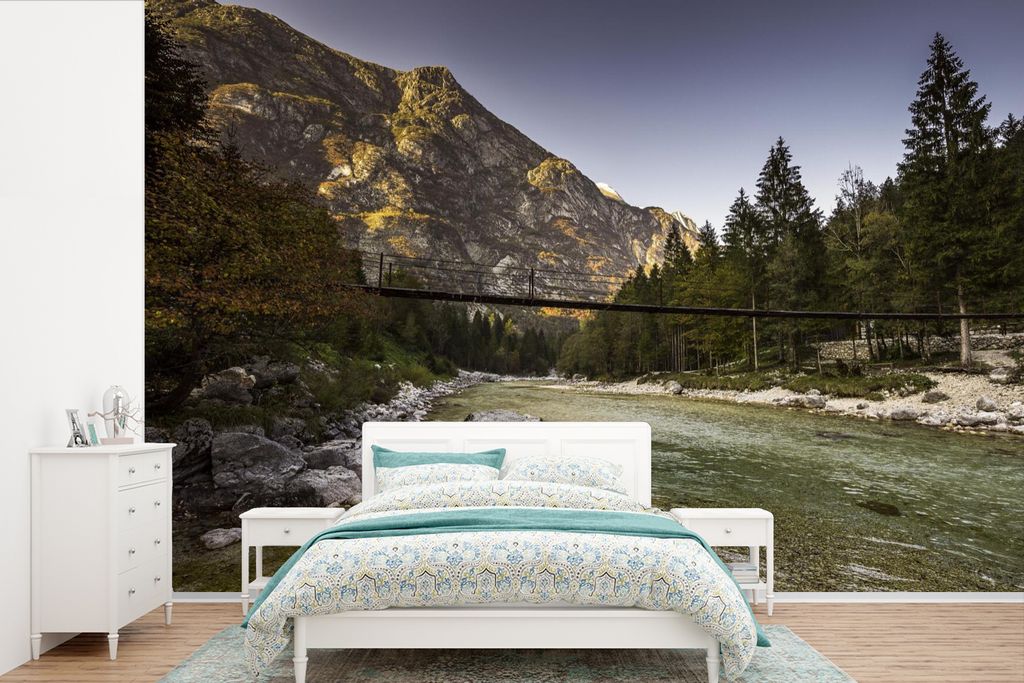 MuchoWow Fototapete für Wohnzimmer oder Schlafzimmer Wandtapete Vinyl Motivtapete Brücke über den Fluss Isonzio im Triglav-Nationalpark in Slo...