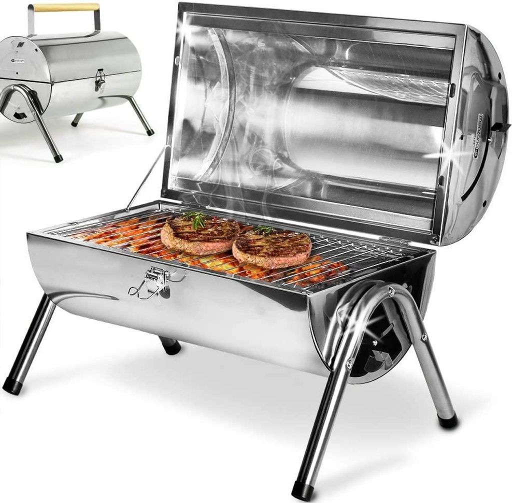 RESCH 502598 mobiler Holzkohle Grill klappbar, Edelstahl Tischgrill tragbar, Holzkohlegrill ideal für unterwegs, 46x28x36 cm