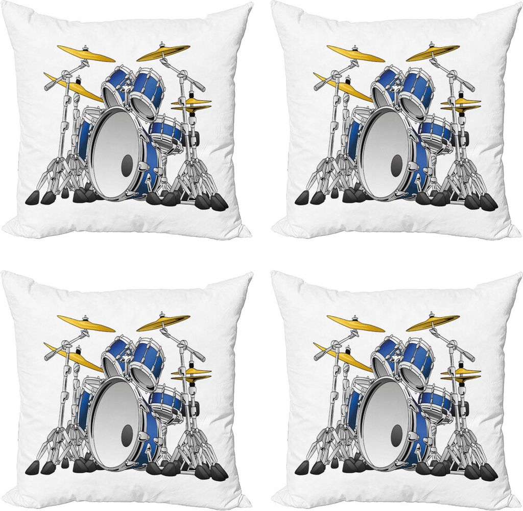 ABAKUHAUS Schlagzeug Kissenbezug Set (4 Stück), Professionelle Musik-Elemente, Moderner Doppelseitiger Digitaldruck, 50 cm x 50 cm, Grau Blau