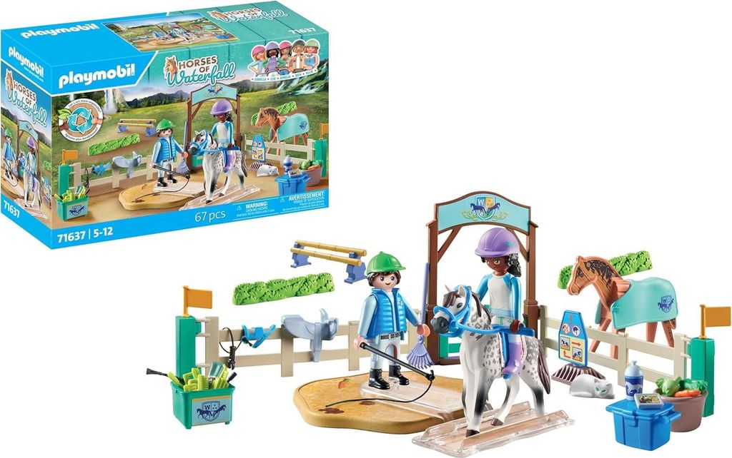 A Playmobil Horses of Waterfall playset featuring a modern riding school with figures, horses, and accessories, along with its packaging.