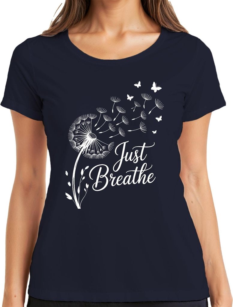 Just Breathe Pusteblume Schmetterling Achtsamkeit Yoga Meditation Damen T-Shirt, Navy, 3XL