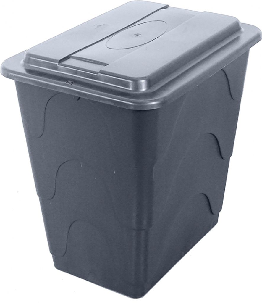A gray plastic rain barrel with a lid.