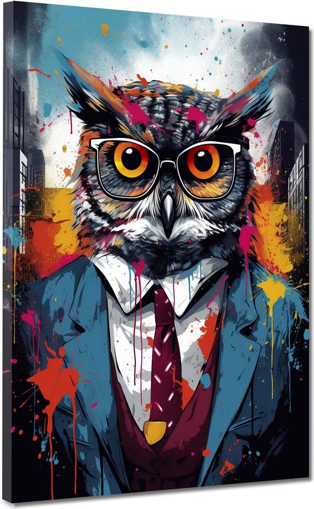 Pop Art Eule im Anzug und Krawatte Leinwandbild Wandbild Kunstdruck XL Wanddeko: 90x120x2cm