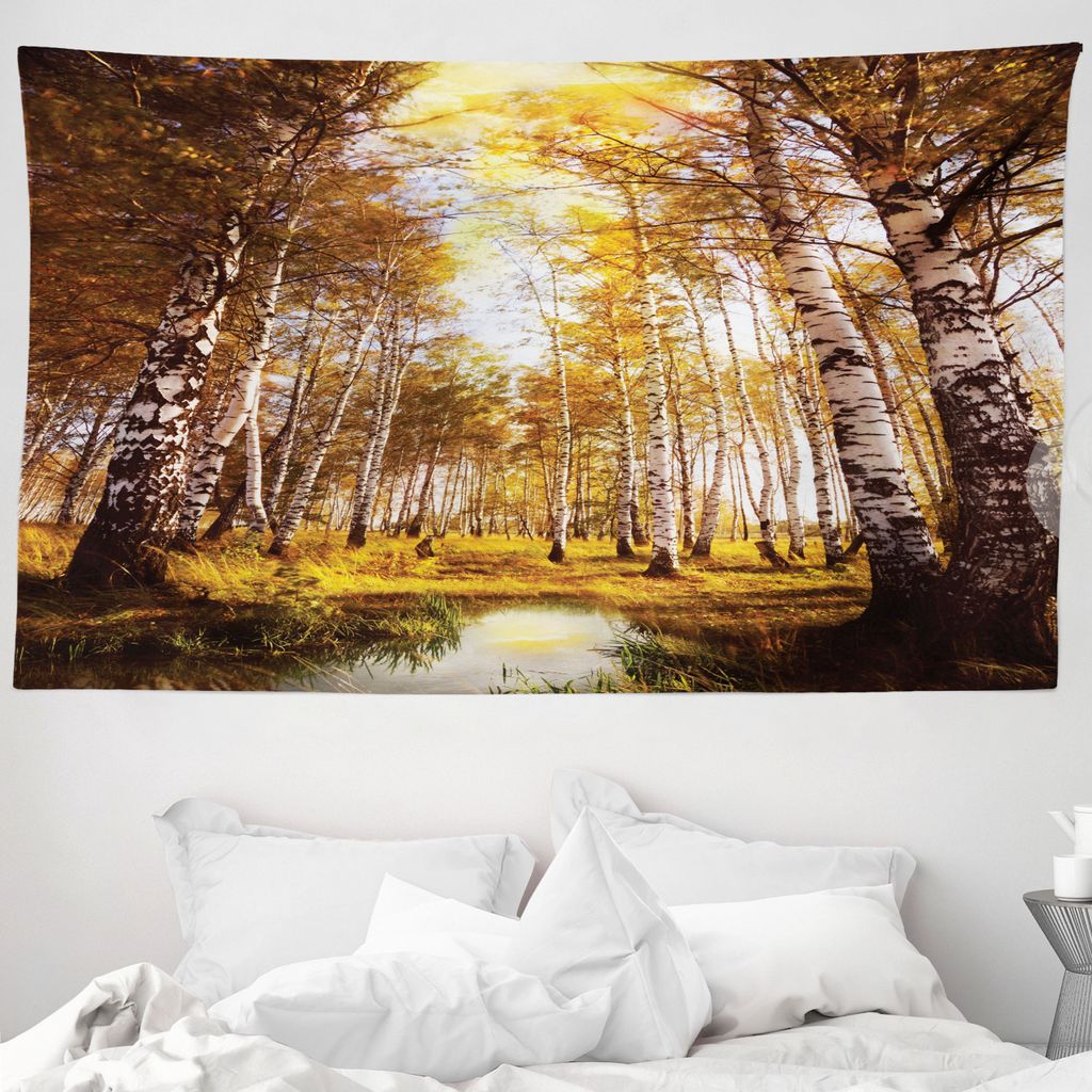 ABAKUHAUS Wald Wandteppich, Herbst-Birken-Fluss aus Weiches Mikrofaser Stoff Waschbar ohne Verblassen Digitaldruck, 230 x 140 cm, Braun Weiß Gelb