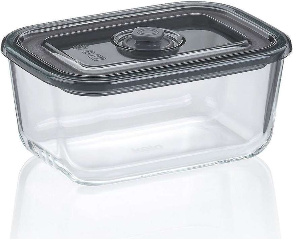 A clear glass food storage container with a gray lid is shown against a white background.