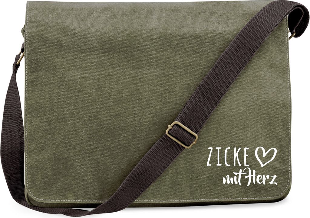 Huuraa Umhängetasche Zicke mit Herz 14 Liter Military Green Canvas Laptoptasche Geschenkidee