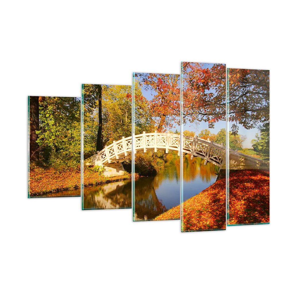 Bilder auf glas - Stream Fußgängerbrücke Herbst - 150x100cm - Glasbilder - Wandbilder - Kunstdruck - zum Aufhängen bereit - Wanddekoration aus ...