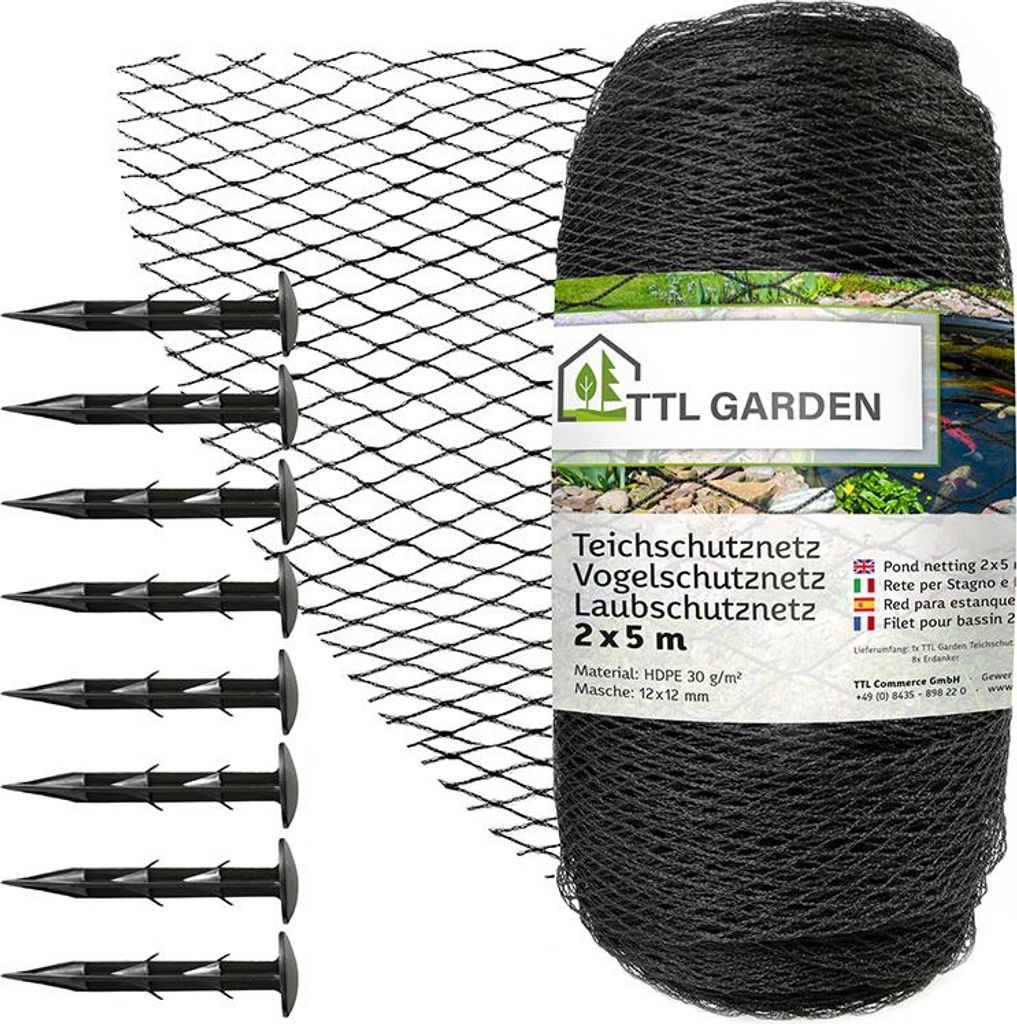 TTL GARDEN Teichnetz 2x5m schwarz 30g/m² Vogelschutznetz HDPE engmaschig reißfest mit Bodenanker