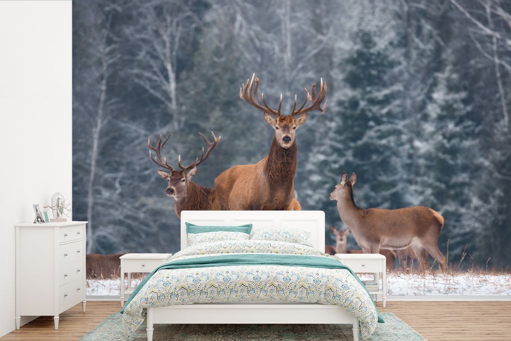 MuchoWow Fototapete für Wohnzimmer oder Schlafzimmer Wandtapete Vinyl Motivtapete Hirsche - Tiere - Natur - 390x260 cm - Papiertapete