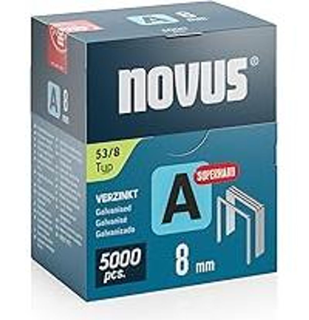 NOVUS TOOLS Feindrahtklammern 8 mm superhart, 5000 Tacker-Klammern vom Typ 53/8, Großverpackung, Heftmittel für Stoffe, Gewebe und Maschendraht