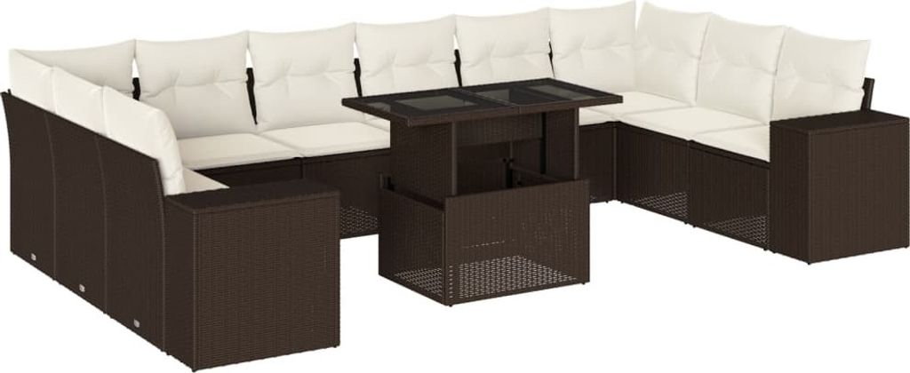 11-tlg. Garten-Sofagarnitur mit Kissen Braun Poly Rattan