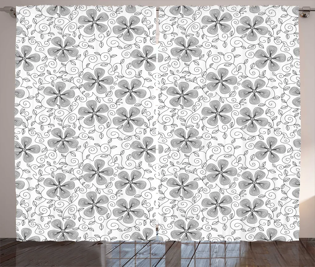 Paire de Rideaux de Salon avec Ruban Universel Fleurs Noir et Blanc