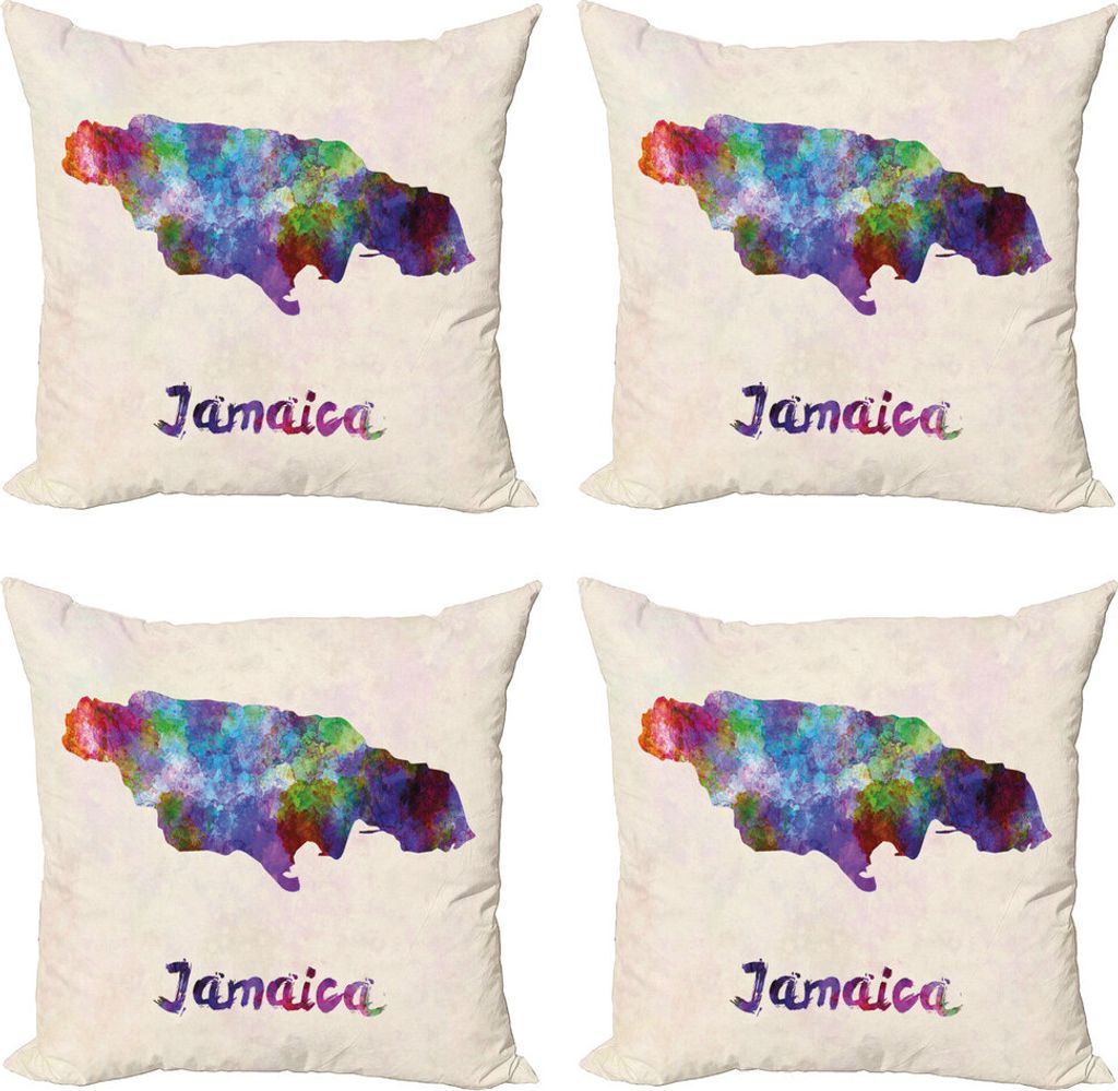 ABAKUHAUS jamaikanisch Kissenbezug Set (4 Stück), Abstrakt Land auf Karte, Moderner Doppelseitiger Digitaldruck, 50 cm x 50 cm, Mehrfarbig