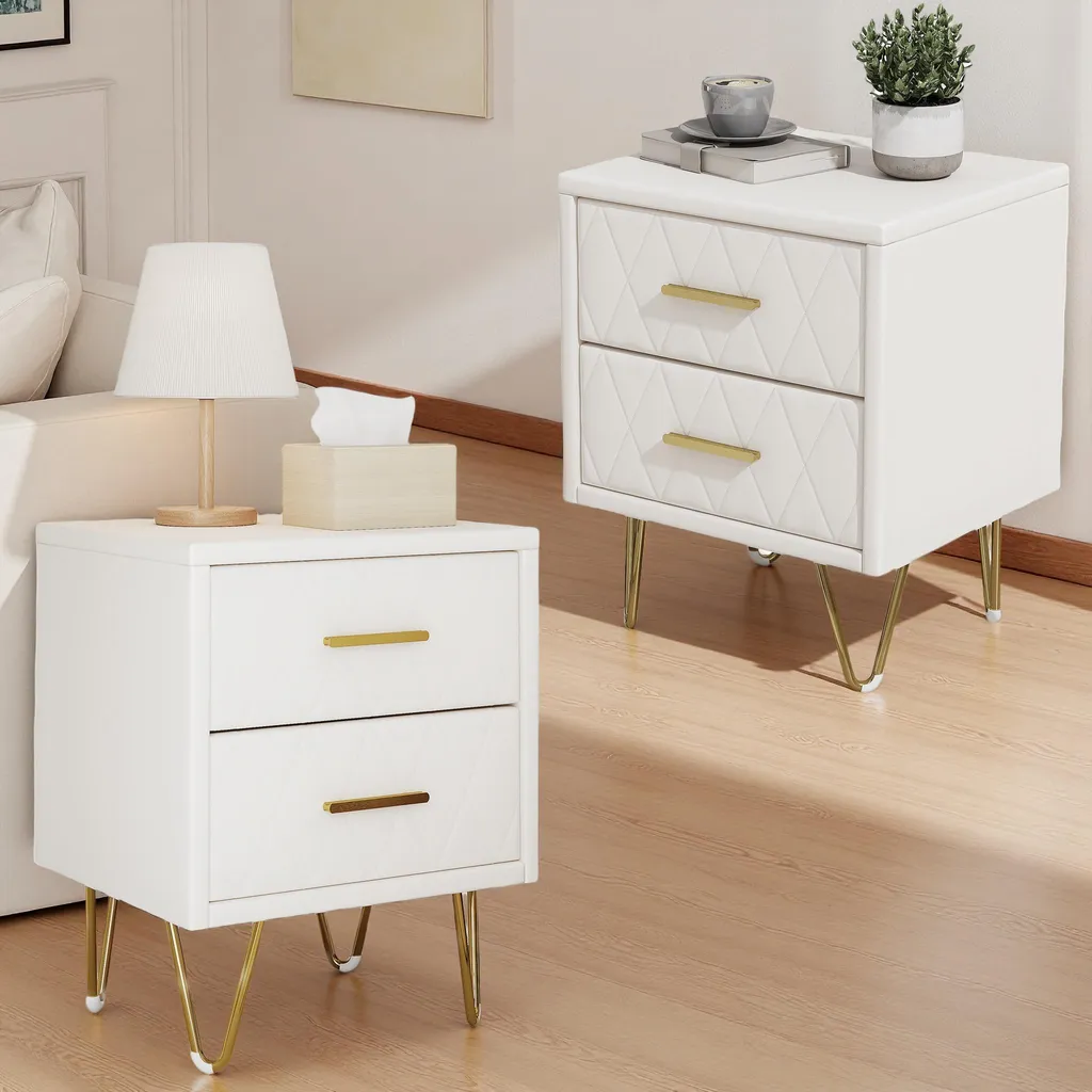 Table de Nuit Beige Stable en Polyuréthane Lot de 2 avec Tiroirs Fluides