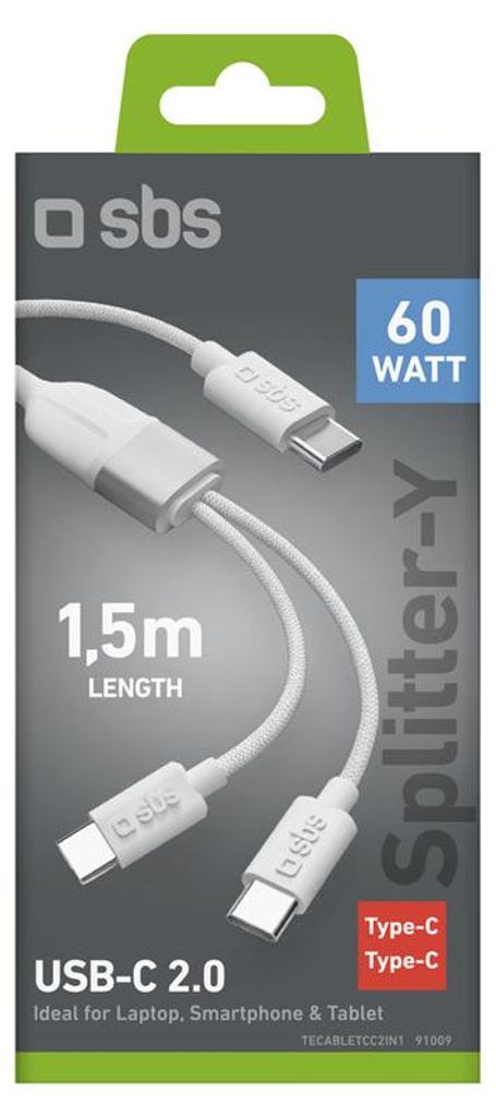 SBS TECABLETCC2IN1, 1,5 m, USB C, USB C, Biały Zdjęcie produktu 