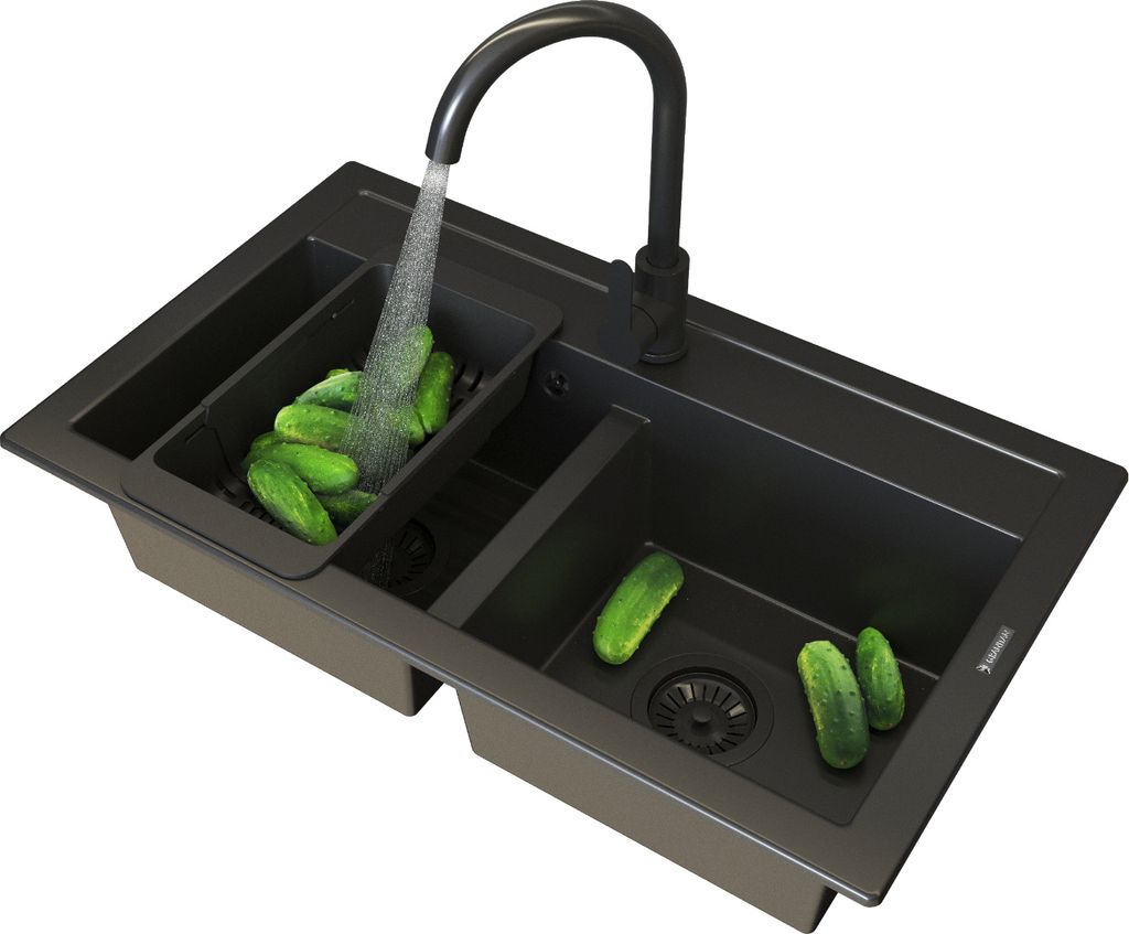 Granitan | Granitspüle DUET - Schwarz - 2-kompig - Hochwertiges Design - Mit Prestige Plus Zubehör