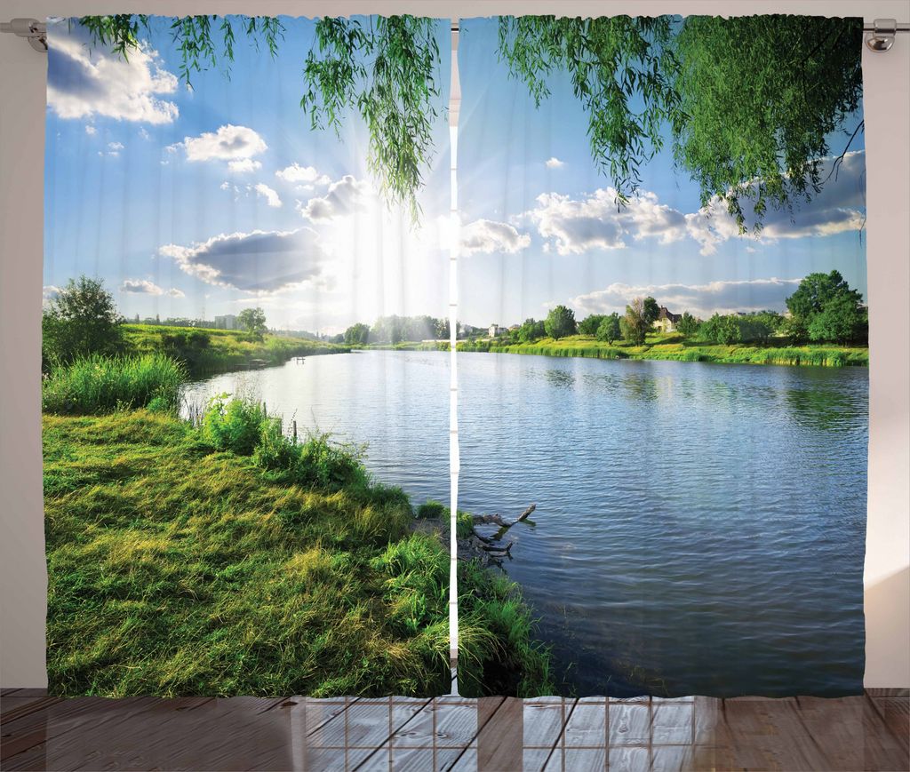 ABAKUHAUS Natur Rustikaler Gardine, Beruhigen Fluss im Sommer, Schlafzimmer Kräuselband Vorhang mit Schlaufen und Haken, 280 x 175 cm, Farngrün H...