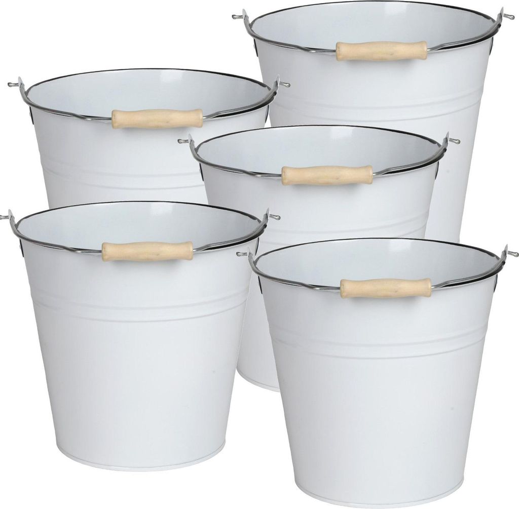 A group of five white metal buckets with wooden handles are arranged in a staggered formation against a white background.