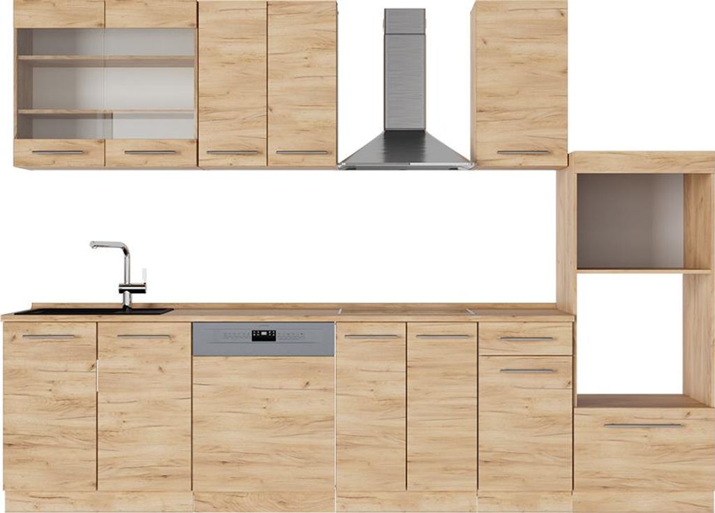 Vicco Küchenzeile Fame-Line, 300 cm mit Hochschrank, AP Eiche, Goldkraft Eiche/Goldkraft Eiche
